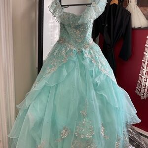 Silver Blue Off Shoulder Flutter Sleeve Formal Gown